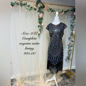 Fundaisy Art Deco Sequin Fringe Dress | XXL | Navy & Gold
